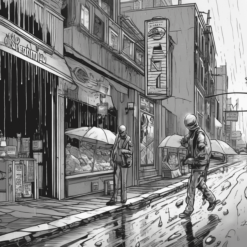 Rain smears the sign, card stays put.